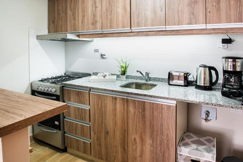 a kitchen with a sink and a stove at Movistar Arena "Rincón de ensueño" Palermo in Buenos Aires