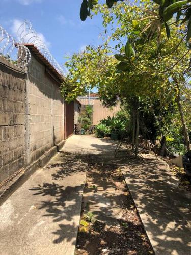 a walkway leading to a building with a tree at Casa para temporada, represa Bortolan Poços de Caldas in Poços de Caldas