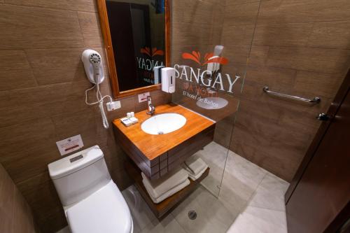 a bathroom with a sink and a toilet and a mirror at Sangay Spa Hotel in Baños