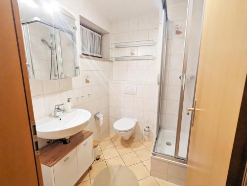 a bathroom with a toilet and a sink and a shower at S1 - Urlaubsmagie - Direkt loswandern, bis zu 4P in Sebnitz