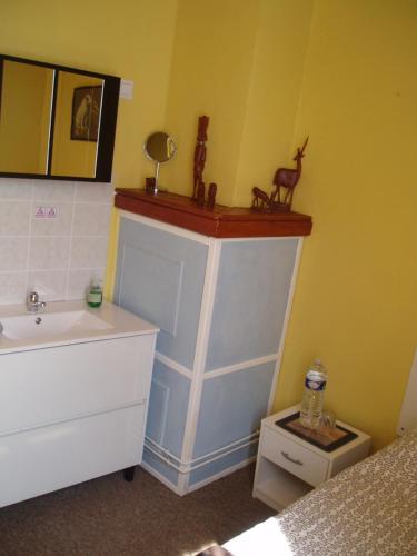 uma casa de banho com um lavatório e um balcão com um espelho em Rowland's French Retreat em La Rochebeaucourt-et-Argentine