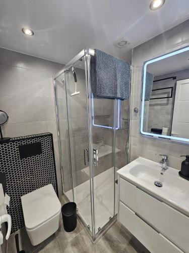 a bathroom with a shower and a toilet and a sink at Modern premium apt-Europa Apartamentos near CCYumbo in Playa del Ingles