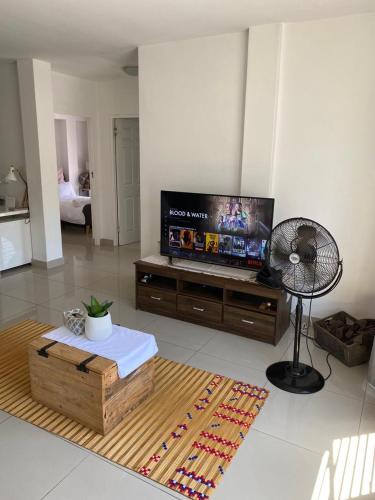 a living room with a flat screen tv and a fan at Ceres no. 10 in Durban