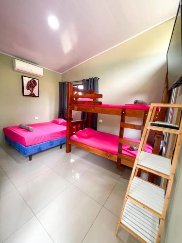 a room with two bunk beds and a ladder at Casa Black Chaini in Puerto Viejo