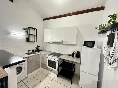 una pequeña cocina con nevera y fregadero en Spacieux & Charmant 2 chambres - Lyon Bron Eurexpo, en Bron