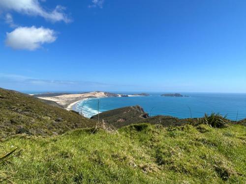 a view of the ocean from a hill at Green Turtle Cottage in Pukenui