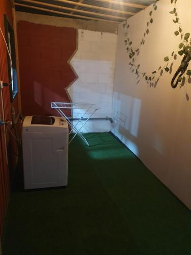 Zimmer mit grünem Boden und Waschmaschine in der Unterkunft Casa en Peñuelas in Coquimbo
