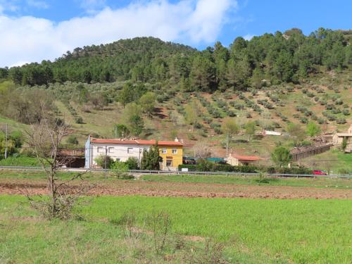 ein Haus auf einem Feld mit einem Berg im Hintergrund in der Unterkunft Casa rural LAS TABLAS in Riópar