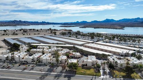 an aerial view of a building next to a river at Sweet Town Home on the Island in Lake Havasu City