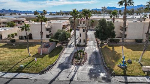 an aerial view of a building with a clock tower at Sweet Town Home on the Island in Lake Havasu City