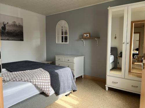 a bedroom with a bed and a dresser and a mirror at Ferienhaus Auszeit Harz Braunlage/Hohegeiß in Braunlage