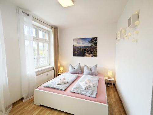 a bedroom with a bed with two pillows on it at HW3 - Urlaubsmagie - Helle, große Wohnung mit Pool in Sebnitz
