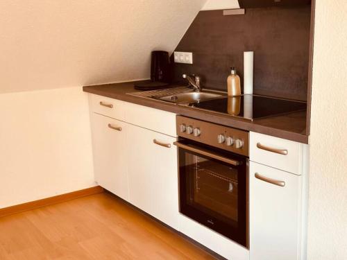 a small kitchen with a stove and a sink at Moderne Wohnung in der Heide in Winsen Aller