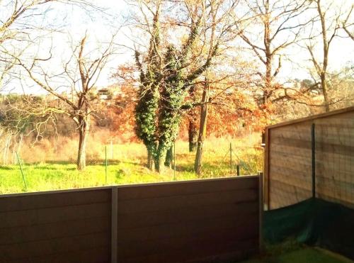 Blick auf ein Feld mit einem Zaun und Bäumen in der Unterkunft Appartement calme rez-de-jardin in Saint-Étienne