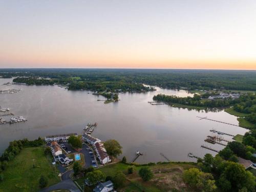 an aerial view of a large lake with trees at The Lyellton House: Water View, Steps from Beach in Colonial Beach