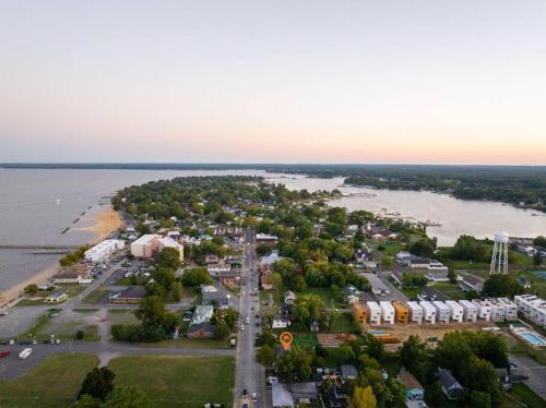 an aerial view of a town next to the water at The Lyellton House: Water View, Steps from Beach in Colonial Beach