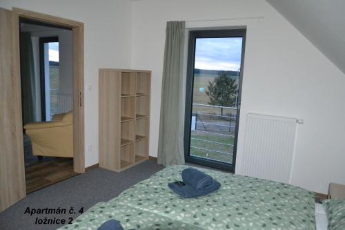 a bedroom with a bed and a large window at Apartmány Benátky in Suchdol nad Lužnicí