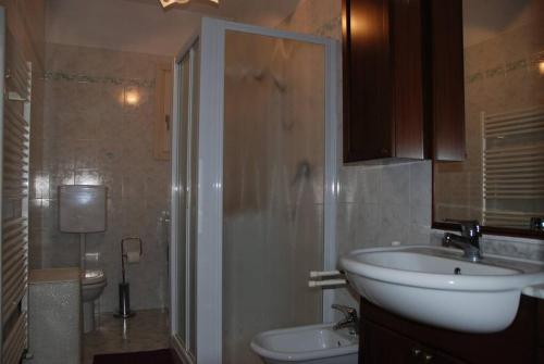uma casa de banho com um lavatório, um WC e um chuveiro em Alle porte di Torino, ai piedi del M.te S. Giorgio em Bruino