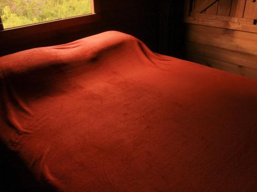 a red blanket on a bed with a window at Valhalla Glamping House in Bombinhas