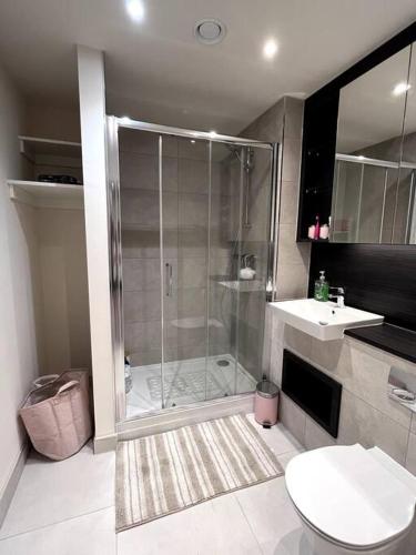 ein Bad mit einer Dusche, einem WC und einem Waschbecken in der Unterkunft Bright Modern Flat with Balcony 30mins from Euston in Harrow