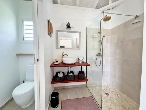 a bathroom with a shower and a toilet and a sink at Eden Lodge 4 Villas avec piscine privée in Saint-François