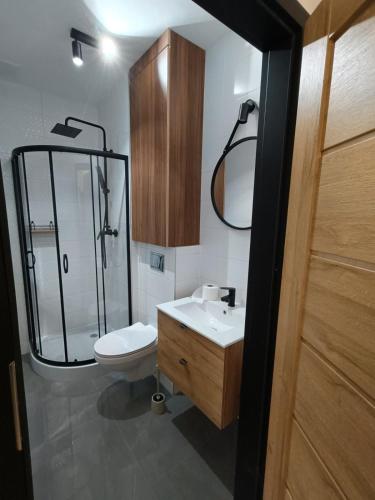a bathroom with a shower and a toilet and a sink at MH Apartment Rzeszów in Rzeszów
