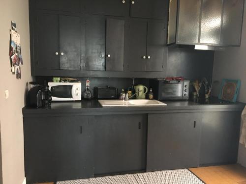 - une cuisine avec des placards noirs et un évier dans l'établissement logement privé centre Hossegor jardin parking, à Soorts-Hossegor