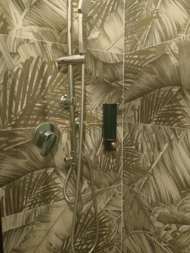a shower in a bathroom with a wall at La Tua Dimora tra le Cinque Terre e le Alpi Apuane in Sarzana