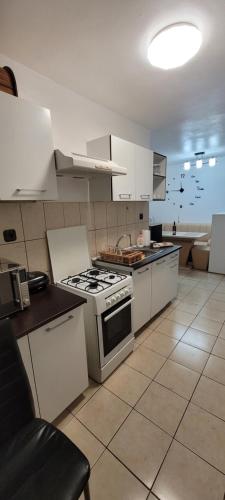 a kitchen with white cabinets and a stove top oven at Studio BDN in Sîngeorgiu de Mureş