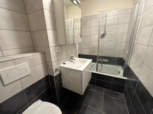 a bathroom with a toilet and a sink and a shower at Apartment in Brussels City with Beautiful View in Brussels