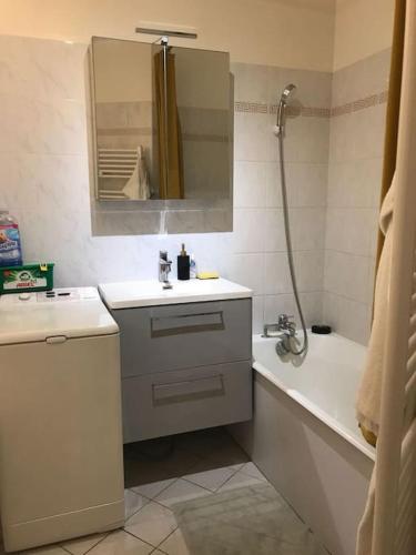 a bathroom with a sink and a tub and a mirror at Charmant studio grand balcon parking in Paris