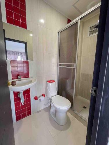 a bathroom with a toilet and a sink and a shower at Rio-ApartaHotel-Lagos in Leticia
