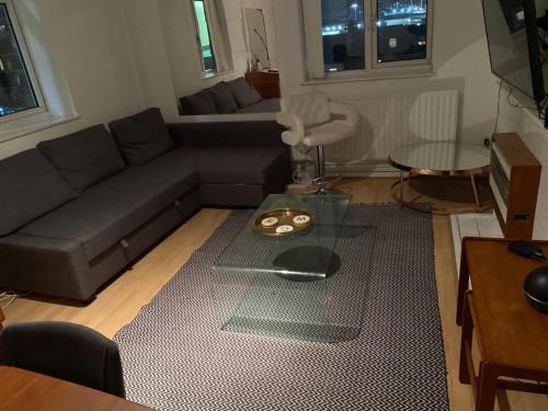 a living room with a couch and a glass table at Aldgate flats in London