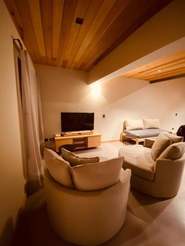un salon avec un canapé et une télévision dans l'établissement Departamento Andina, à San Martín de los Andes