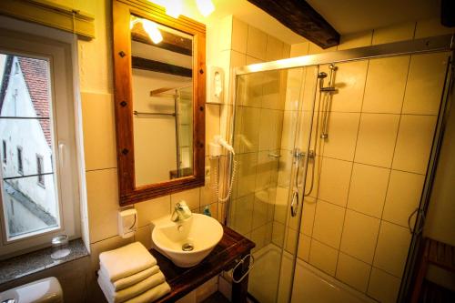 a bathroom with a sink and a shower at Hotel und Restaurant Zum Löwen in Gelnhausen