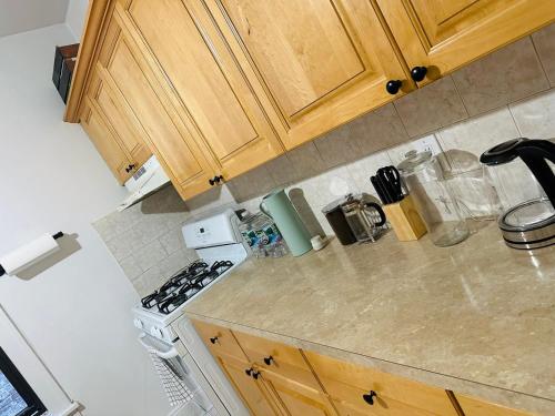 a kitchen with wooden cabinets and a counter top at SUNNYside one bedroom apt in Woodside