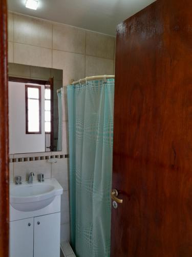 y baño con cortina de ducha y lavamanos. en Departamento Paso en Mar del Plata