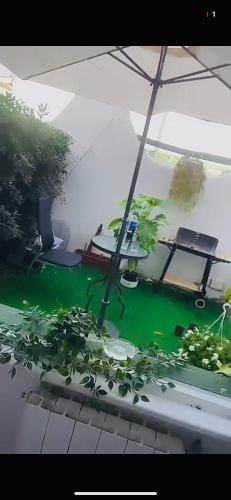 a room with a table and an umbrella and plants at Favoloso Appartamento a torvainica in Torvaianica