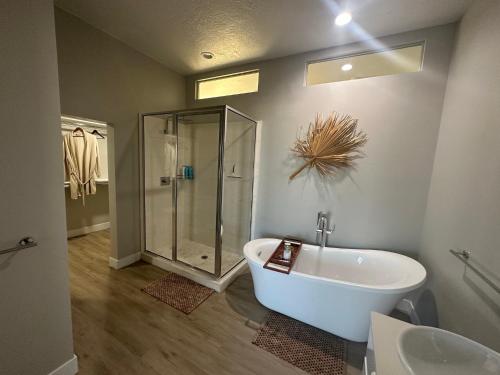 a bathroom with a tub and a shower and a sink at Canyon Oasis suite with Grand Mesa view in Big Water