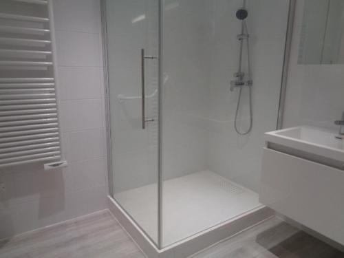 La salle de bains blanche est pourvue d'une douche et d'un lavabo. dans l'établissement Studio Arcachon, 1 pièce, 4 personnes - FR-1-374-99, à Arcachon
