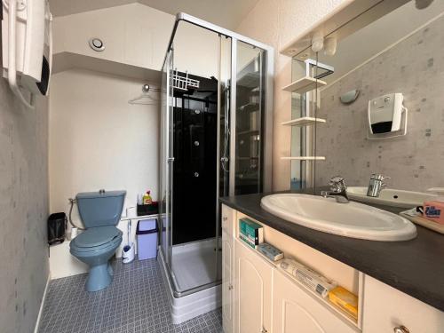 une salle de bain avec des toilettes bleues et un lavabo dans l'établissement Duplex 4 pers, à 150m de la plage avec garage privé - FR-1-197-574, à Les Sables-dʼOlonne