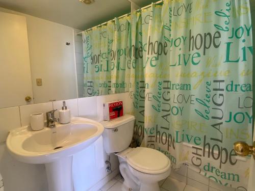 a bathroom with a white toilet and a sink at Apartamento completo amoblado Santiago cercano Movistar Arenas in Santiago