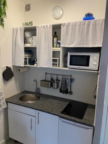 une petite cuisine avec un évier et un micro-ondes dans l'établissement Charmant Studio 2P Montmartre, à Paris