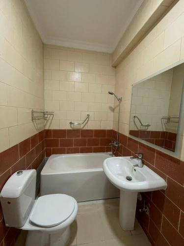 a bathroom with a toilet and a tub and a sink at مرفق هجرة السياحي الخاص in Al Madinah