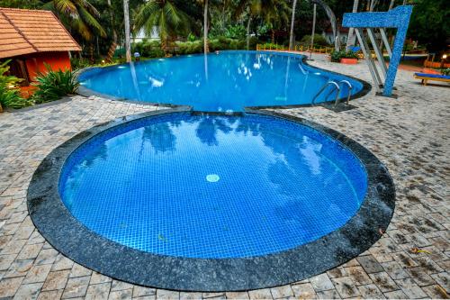 a large blue swimming pool with a basketball hoop at GoGo Land Resort & Adventurous Sports in Pūvār