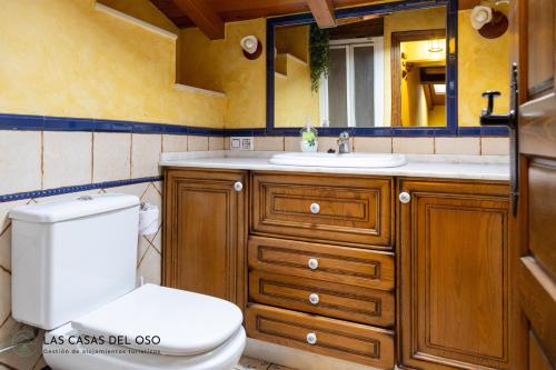 een badkamer met een toilet, een wastafel en een spiegel bij La casita de la Senda 