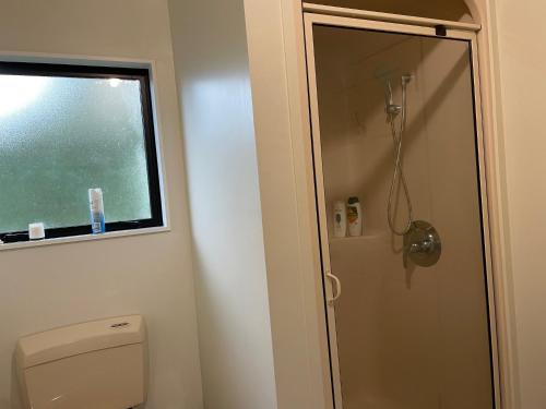 a bathroom with a shower and a toilet and a window at Rooms in Epsom House in Auckland