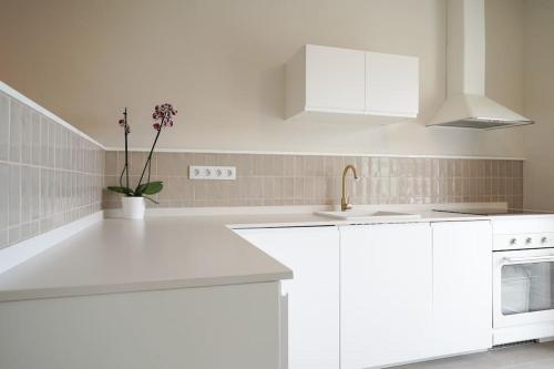 a white kitchen with white cabinets and a sink at Studio 10 / Tenerife in Chayofa