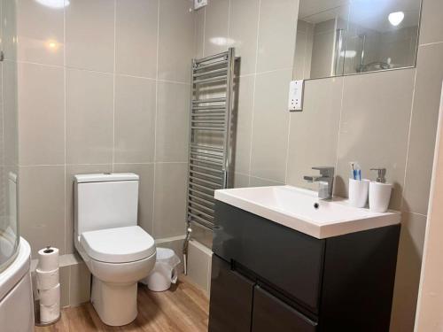 uma casa de banho com um WC branco e um lavatório. em Exquisite 2 bedroom, Sleeps 4, Wifi LONG STAY WORK LEISURE CONTRACTOR - Lolite Apartment em Cambridge