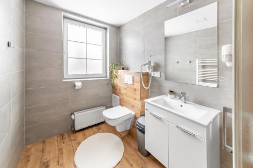 a bathroom with a white toilet and a sink at Penzion Pepovka in Filipovice